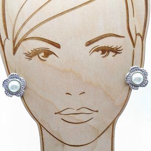 Faux Pearl Floral Button Earrings, Vintage Silver Tone Clip Ons